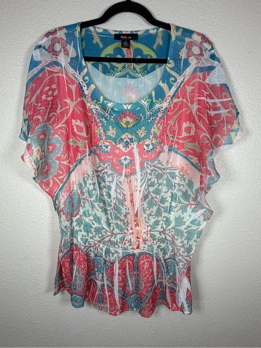 Vibrant Floral Poncho Blouse M Bohemian Colorful Floral Rhinestone Boho Chic Y2K